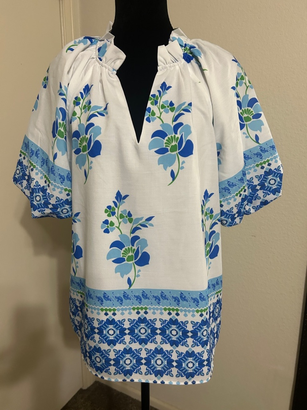 Jade White Top with Blue and Green Floral Trim